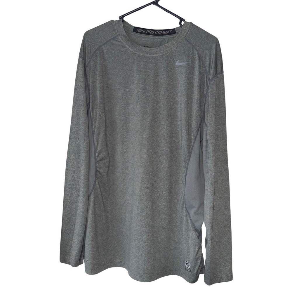 Nike Pro Combat Training Shirt‎ Men 2XL Gray Dri-FIT Long Sleeve Fitted Workout